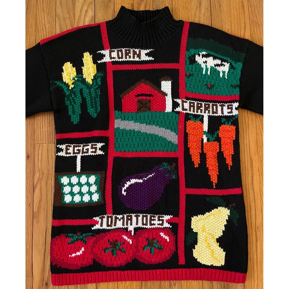 Vintage 1980s Karen Scott Handknits Vegetable Garden Granny Chic Sweater Women M